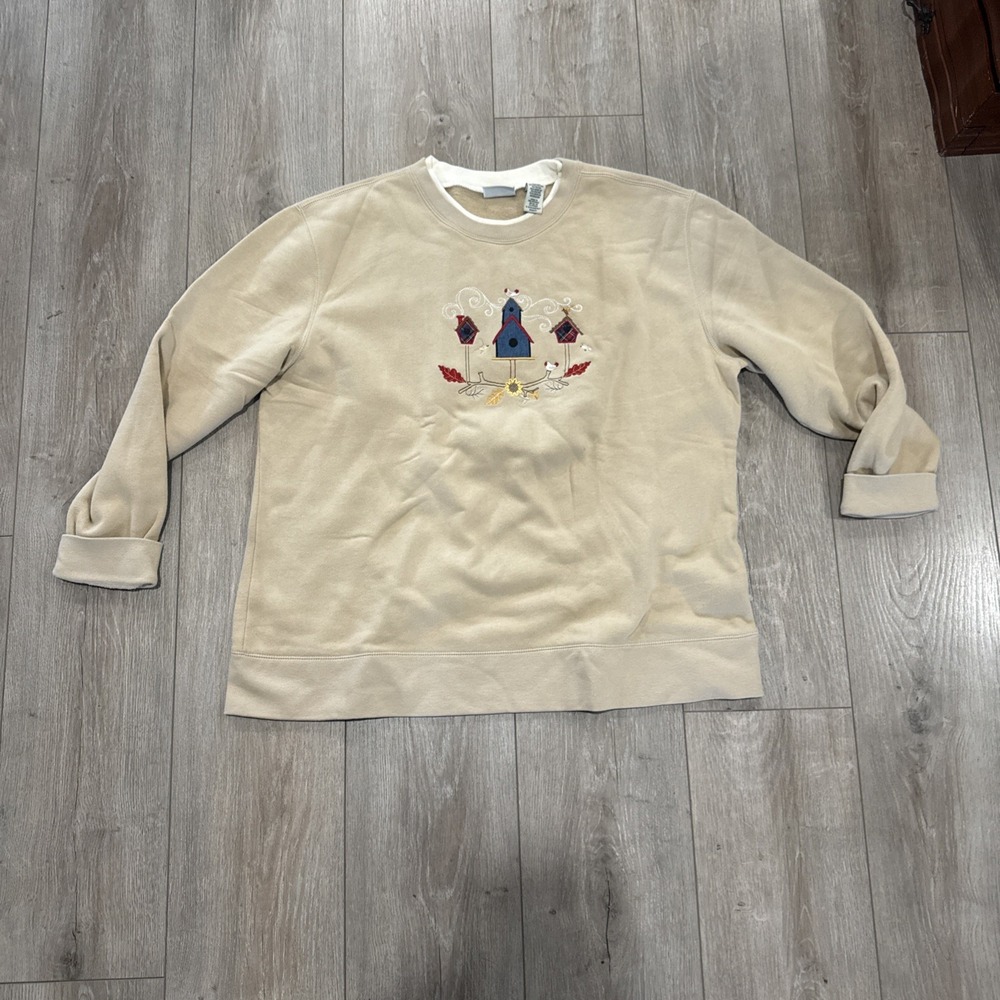 Classic‎ Elements Womens Sweatshirt XL Beige Birdhouses Embroidered Comfy Casual